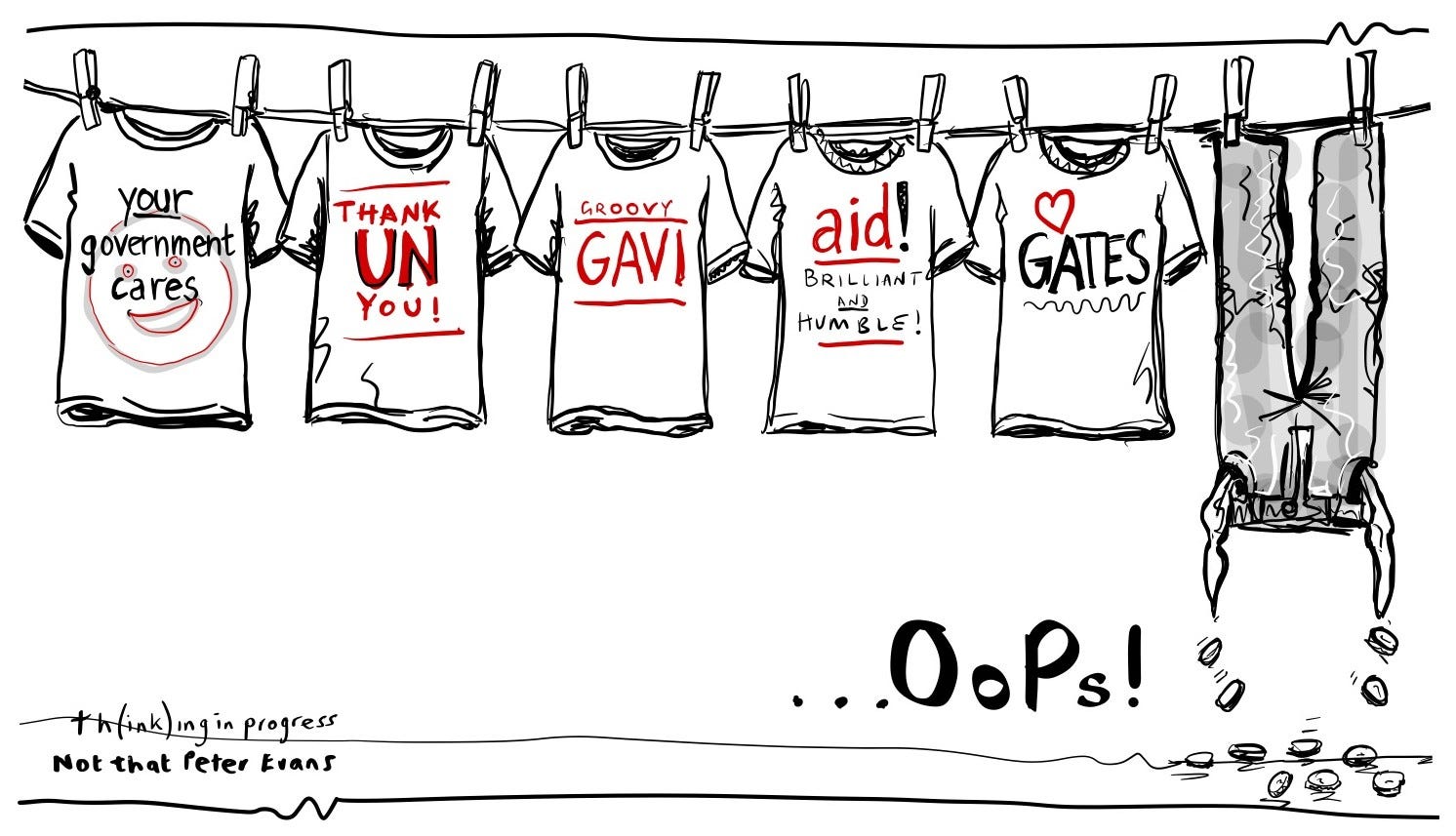 An illustration of a washing line. T-shirts with the names of major donors are all hung neatly on the line. A pair of trousers labelled OOP in contrast is hung upside down and coins are falling out