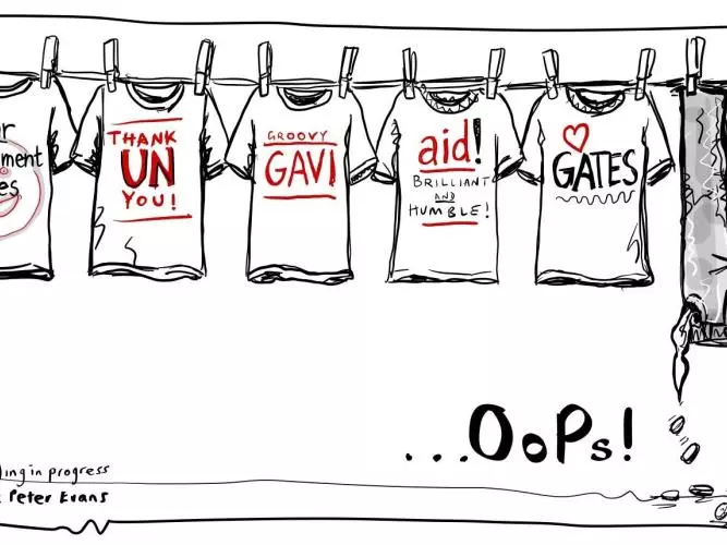 An illustration of a washing line. T-shirts with the names of major donors are all hung neatly on the line. A pair of trousers labelled OOP in contrast is hung upside down and coins are falling out